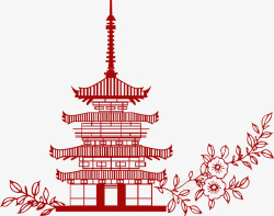 红色中国风线条塔楼素材