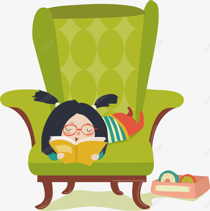 在椅子上看书的女孩png免抠素材_新图网 https://ixintu.com 书本 卡通 卡通女孩 看书 绿色 绿色椅子