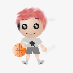 红色头发玩篮球的卡通男孩素材