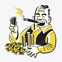 男人抱着金币插画卡通漫画开心的抽雪茄的赌徒高清图片