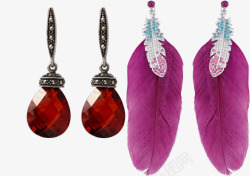 紫色砖石耳环红宝石耳环和紫色羽毛耳环高清图片