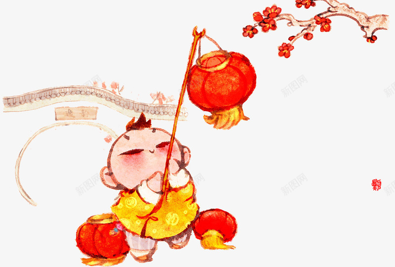 中国春节传统文化插画png免抠素材_新图网 https://ixintu.com 小孩子 放灯笼 民俗风俗 童年回忆