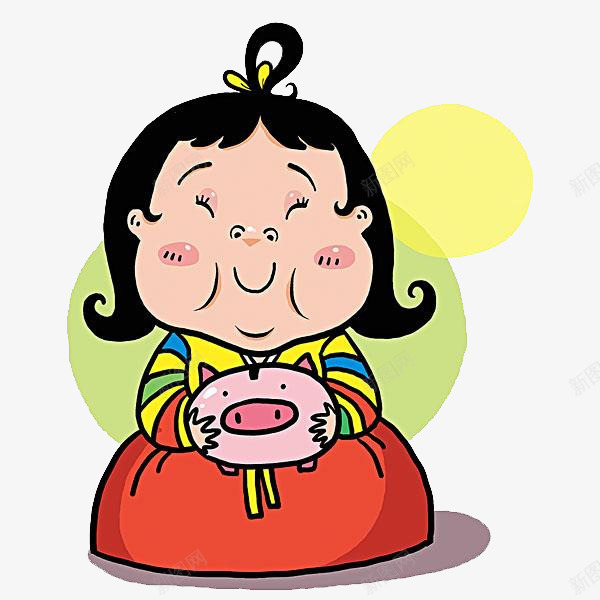 韩国小女孩png免抠素材_新图网 https://ixintu.com 卡通 女生 存钱罐 小猪 手绘 红色 韩服 黄色