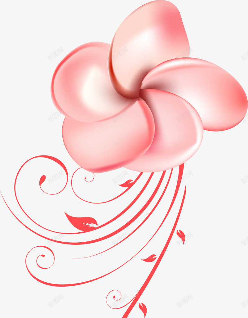 粉色花朵与优美线条png免抠素材_新图网 https://ixintu.com 优美曲线 优美线条 树枝叶 漂浮 立体花朵 粉色 花朵