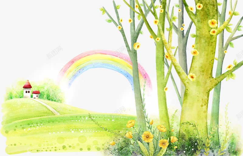 彩虹和大树png免抠素材_新图网 https://ixintu.com 卡通彩虹 大树 彩虹 房屋