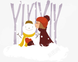 雪地里的雪人和女孩矢量图素材