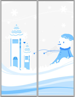 雪景房移门上的蓝色雪人雪景房高清图片