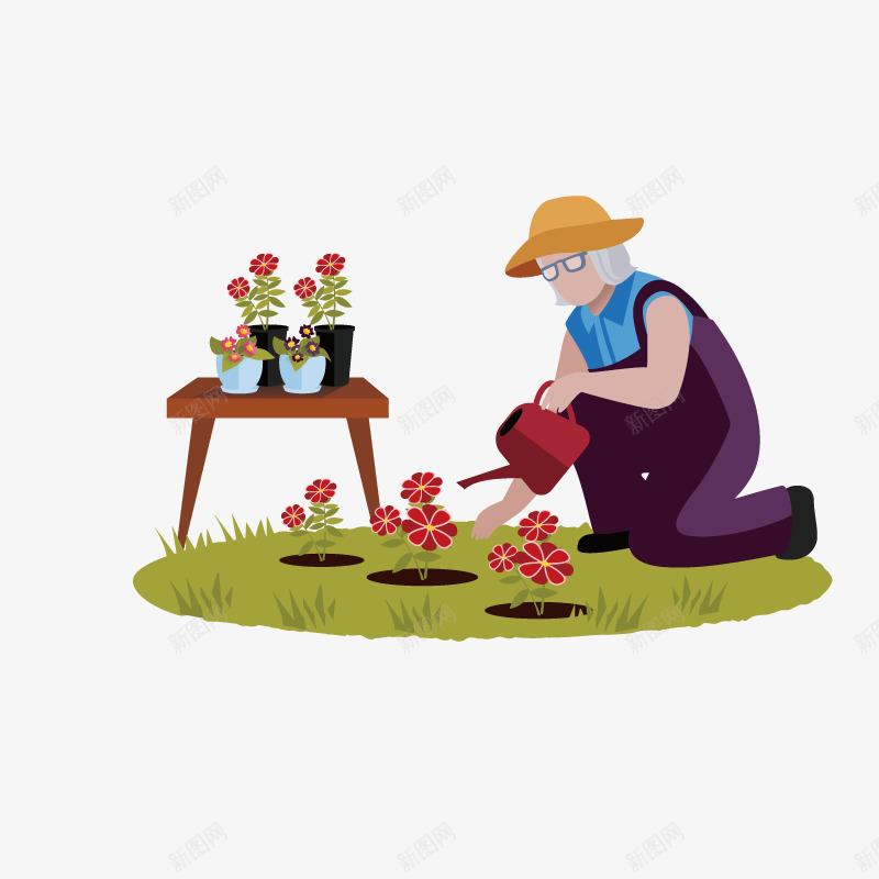 老人拿着水桶浇花png免抠素材_新图网 https://ixintu.com 养花 浇水 美丽的 老人 花朵 花洒 草地 蹲着
