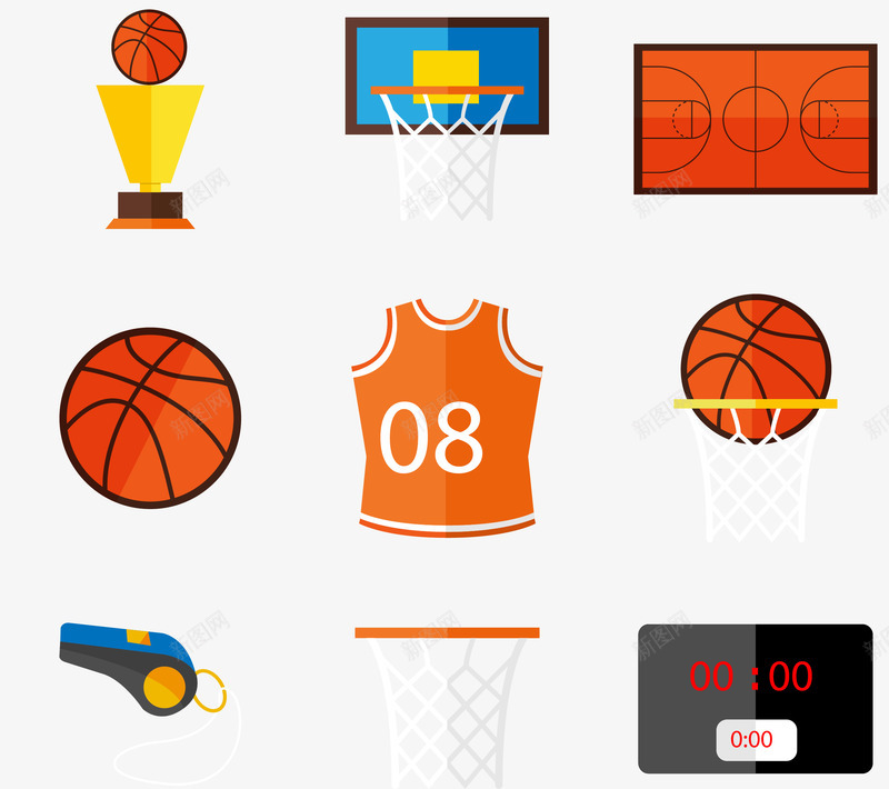9款篮球元素图标矢量图ai_新图网 https://ixintu.com 口哨 篮球 篮球图标素材 篮球矢量 矢量图