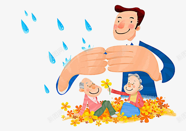 卡通遮挡雨滴的男人png免抠素材_新图网 https://ixintu.com 卡通男人 手下的老人 花丛中的老人 遮挡雨滴的男人 雨滴 高兴的老人
