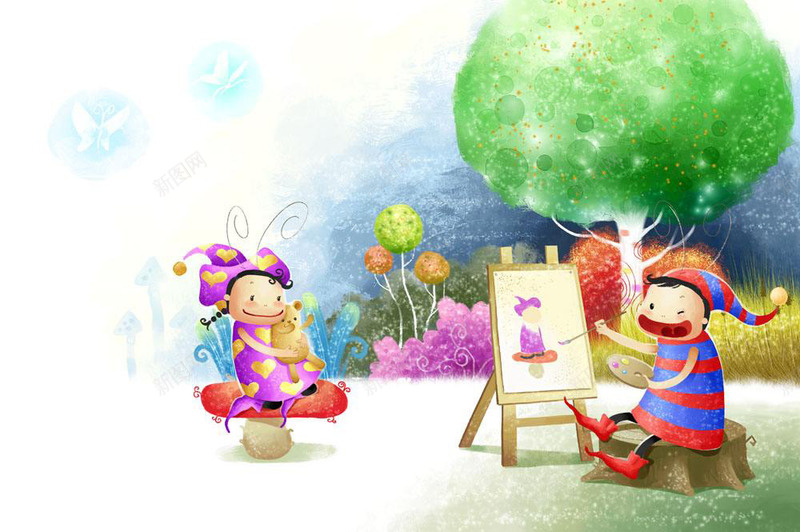 两小无猜png免抠素材_新图网 https://ixintu.com 卡通 大树 画画的小孩 蘑菇 蝴蝶