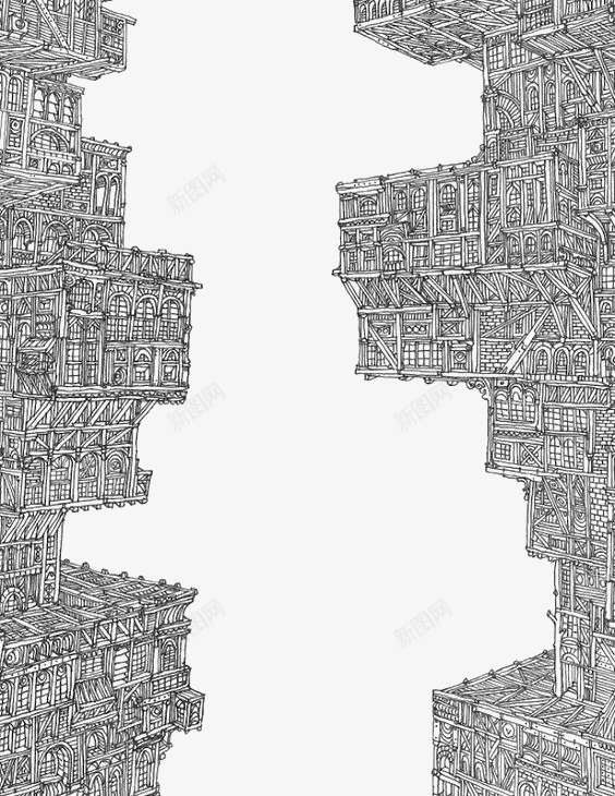 白描城市png免抠素材_新图网 https://ixintu.com 卡通 城市 建筑 手绘 插画 木质 白描 繁杂 速写