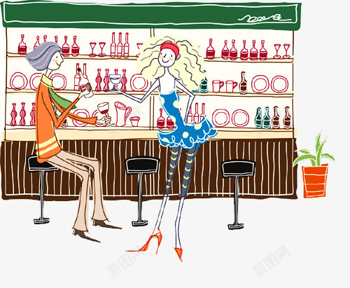 两女生在酒吧聊天png免抠素材_新图网 https://ixintu.com 卡通 插画 椅子 绘画 美女 酒吧 酒杯