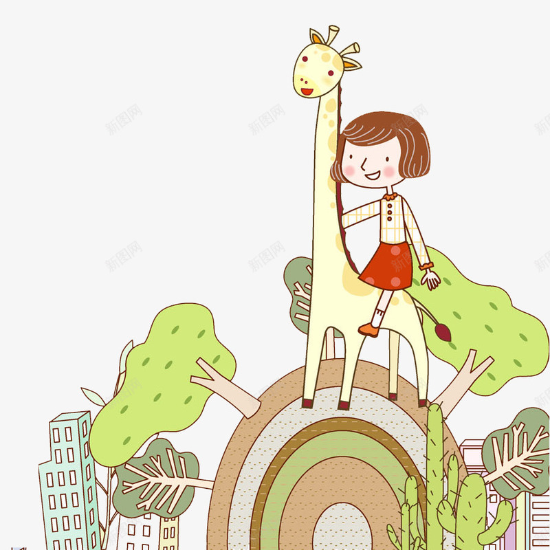 骑着长颈鹿的女孩png免抠素材_新图网 https://ixintu.com 动物 卡通 可爱的 大树 插图 植物 绿色的