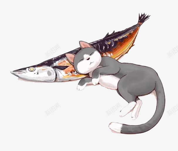 鱼和小猫png免抠素材_新图网 https://ixintu.com 小猫 矢量装饰 装饰 躺着的猫 鱼