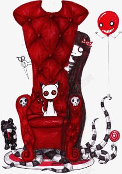 红色椅子女孩猫手绘人物素材