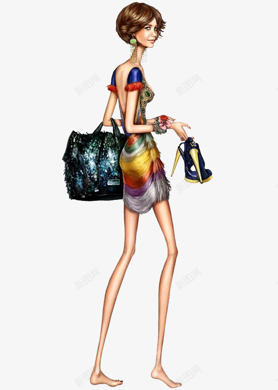 拿着高更鞋的时尚女士png免抠素材_新图网 https://ixintu.com 女士 彩色 时尚 站立的人 鞋子 领包