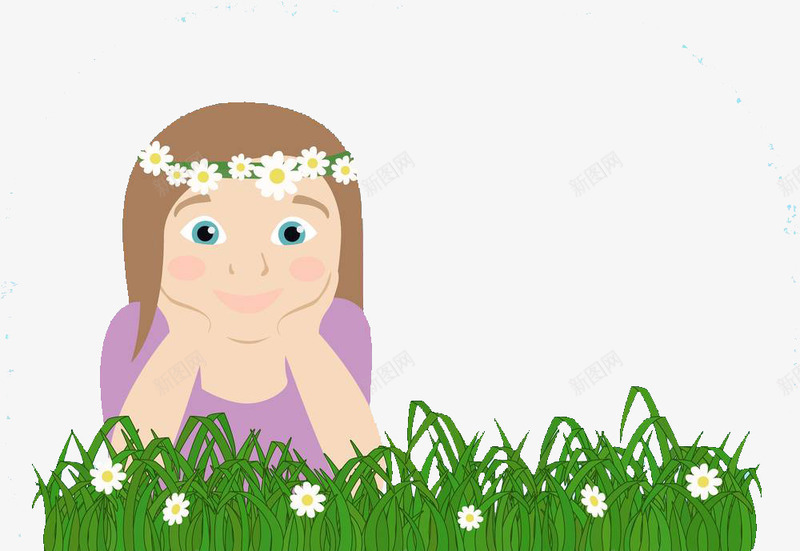 托腮趴在草坪上的小女孩png免抠素材_新图网 https://ixintu.com 人物插图 卡通 小女孩 托腮 花环头饰 草地上的人 趴在草坪上