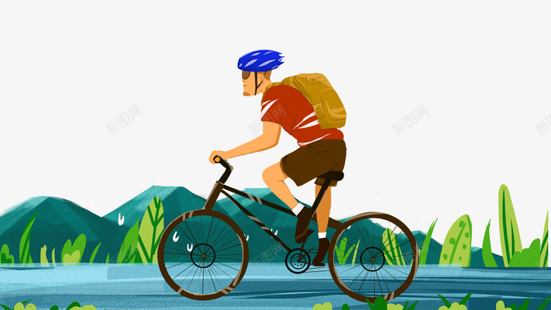 卡通骑车比赛的男人psd免抠素材_新图网 https://ixintu.com 卡通 山峰 绿色的草丛 背着书包的男人 骑车比赛的男人