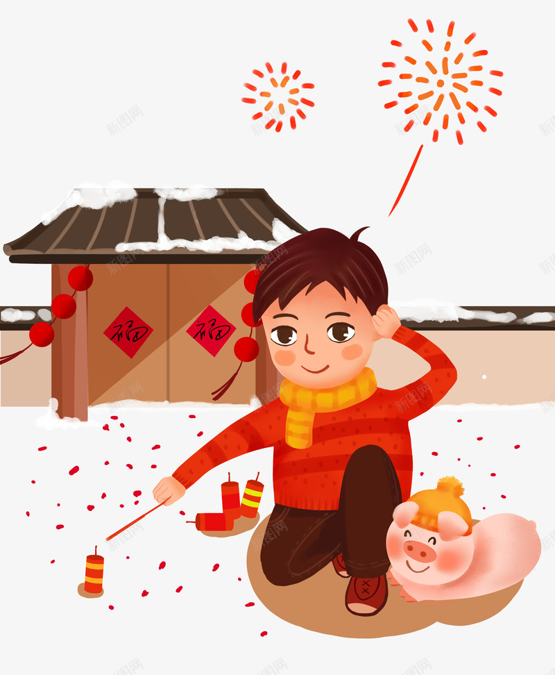 手绘新年冬季放炮仗男孩png免抠素材_新图网 https://ixintu.com 2019 农历新年 冬季 小猪 手绘 放炮仗男孩 新年 烟花 猪年 红灯笼