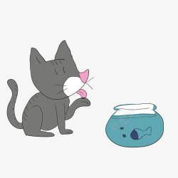 卡通鱼缸卡通灰色猫咪与蓝色鱼缸高清图片