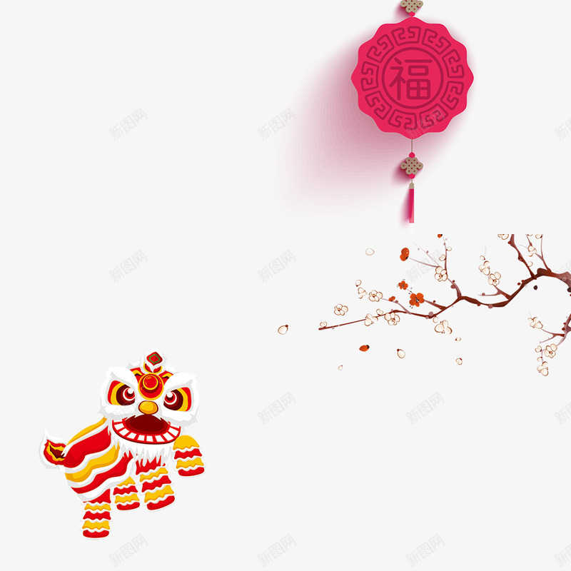 狗年狮子png免抠素材_新图网 https://ixintu.com 喜庆 春节 植物 灯笼 狗年 狮子 福 红色 过年