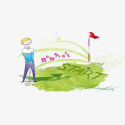 手绘卡通打高尔夫草坪素材