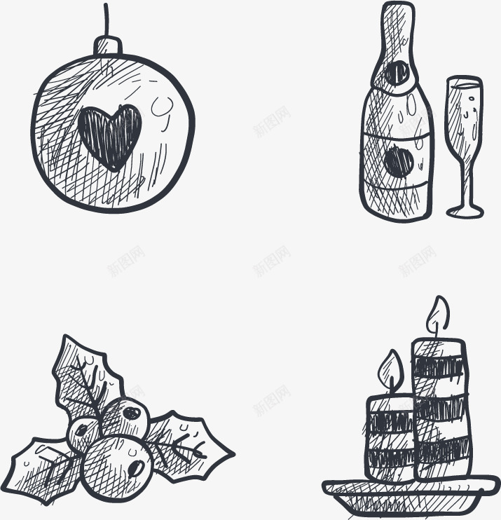 精致的圣诞节装饰png免抠素材_新图网 https://ixintu.com 免抠png素材 免费png素材 圣诞果子 圣诞球 手绘 素描 蜡烛 香槟酒