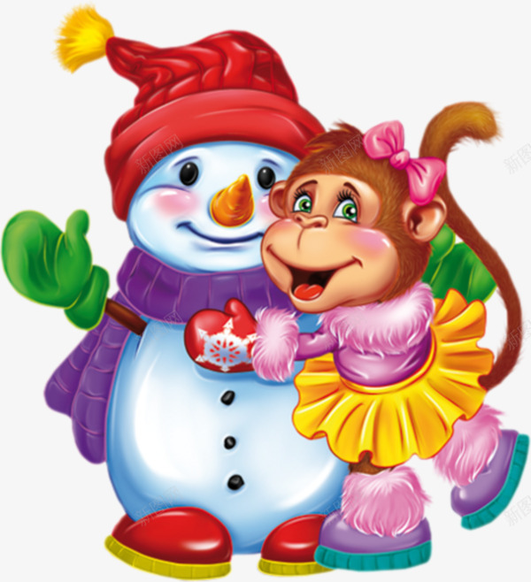 手绘可爱的猴子与雪人png免抠素材_新图网 https://ixintu.com 可爱的猴子 圣诞雪人 手绘猴子 手绘雪人