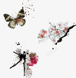手绘花朵和蝴蝶简图素材