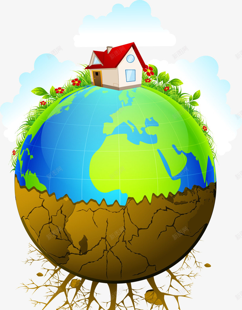 创意蓝色地球png免抠素材_新图网 https://ixintu.com 创意地球 大自然 白色房屋 绿色小草 蓝色地球 黄色土地