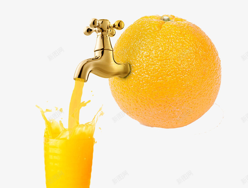 水龙头橙子png免抠素材_新图网 https://ixintu.com 一杯橙汁 脐橙 金色水龙头 鲜榨橙汁