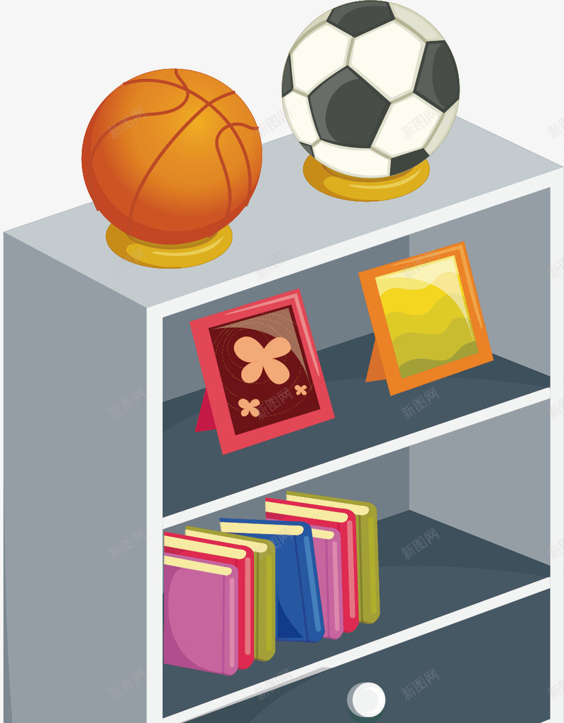书柜png免抠素材_新图网 https://ixintu.com 书柜 卡通 手绘 篮球 足球