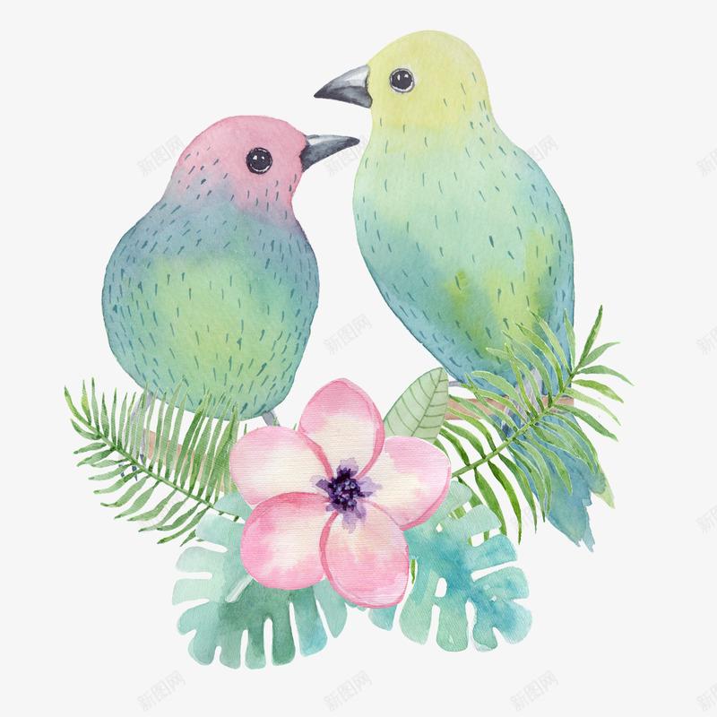 美丽的小鸟png免抠素材_新图网 https://ixintu.com 一辈子 俩只小鸟 永远 相亲相爱 粉红色花朵 绿叶 陪伴 陪伴关怀