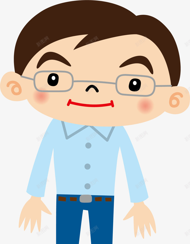 卡通男人png免抠素材_新图网 https://ixintu.com 中年男人 微笑 手绘 眼镜 短发 腮红 蓝色衬衫