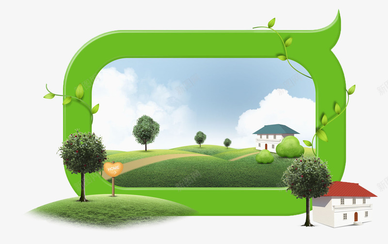 绿色边框里的景色png免抠素材_新图网 https://ixintu.com 房子 绿色 边框 风景