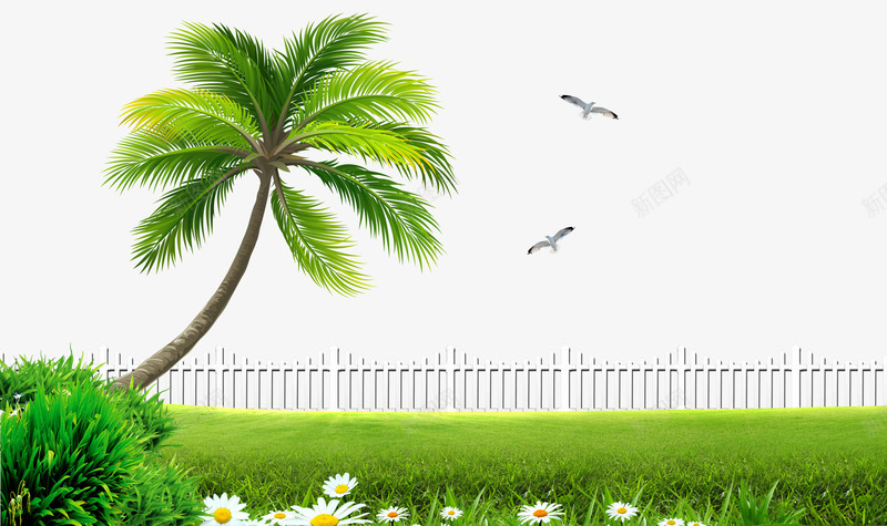 草坪上的椰树psd免抠素材_新图网 https://ixintu.com 栏杆 椰树 海鸥 草坪