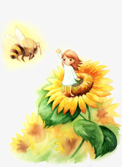 手绘向日葵女生蜜蜂素材