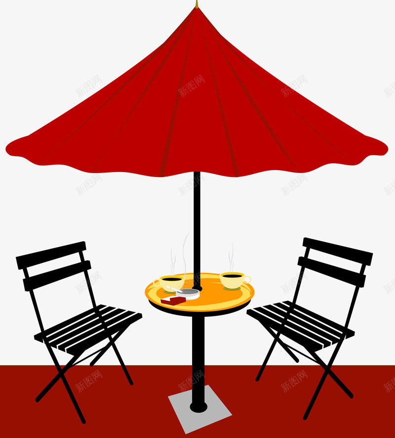 红色太阳伞下的休闲生活png免抠素材_新图网 https://ixintu.com 休闲生活 咖啡 太阳伞 手绘 红色 黑色椅子
