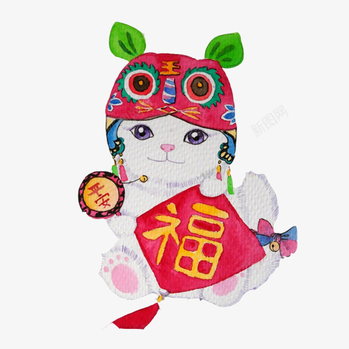 小猫抱福春节片psd免抠素材_新图网 https://ixintu.com 小猫送福 春节题材 猫咪 白猫