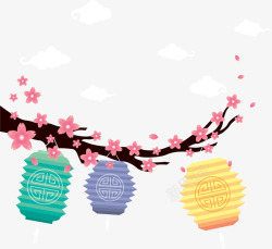 卡通新年装饰桃树与彩灯素材