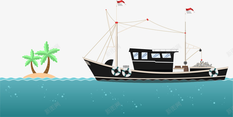 蓝色扁平大海渔船png免抠素材_新图网 https://ixintu.com 6月8号 世界海洋日 大海 大海渔船 小岛屿 岛屿 自然