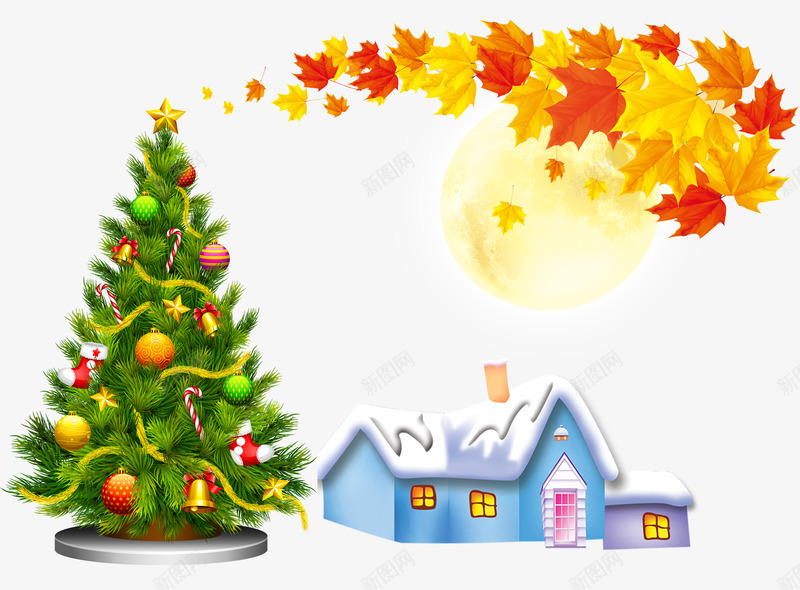 圣诞节免费psd免抠素材_新图网 https://ixintu.com 圆月 圣诞树 圣诞节 大雪覆盖的小房子 月亮 枫叶 温暖