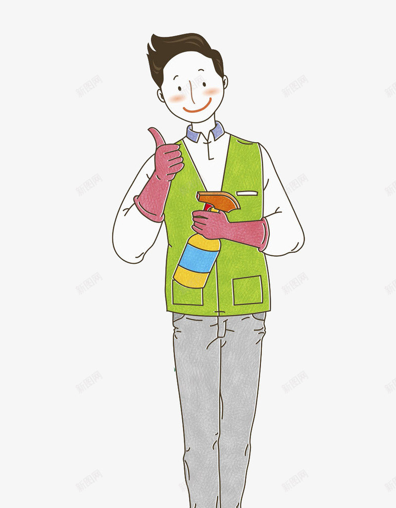 卡通竖起大拇指的男人png免抠素材_新图网 https://ixintu.com 保洁员 卡通 工服 打扫卫生 清洁剂 男人 高兴地