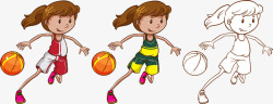 手绘打篮球的女孩素材