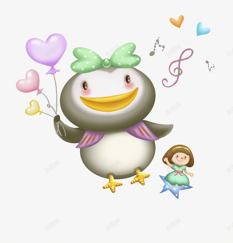 拿起球的企鹅png免抠素材_新图网 https://ixintu.com 卡通 可爱的 小女孩 心形 气球 音乐符号 高兴地