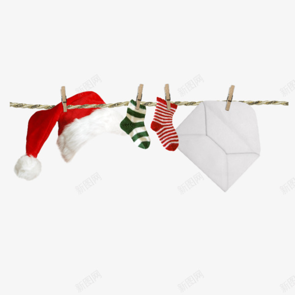 圣诞节帽子袜子信封png免抠素材_新图网 https://ixintu.com 信封 圣诞帽 圣诞袜 夹子 帽子 晾衣架 晾衣绳 袜子