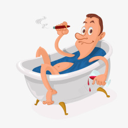 卡通浴缸里泡澡的男人抽雪茄喝红素材