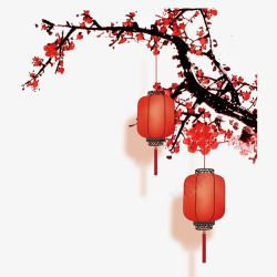 手绘悬挂灯笼装饰红色梅花传统春节元素高清图片