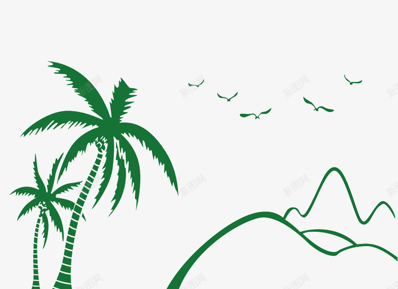 手绘海岛墙绘png免抠素材_新图网 https://ixintu.com 墙绘图案 大海 手绘 椰子 海岛 海鸥 简约墙绘 绿色